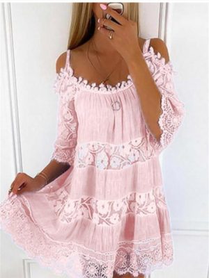Women's Casual Dress Lace Dress Summer Dress Plain Lace Cut Out Strap Midi Dress Fashion Modern Outdoor Daily Short Sleeve Regular Fit White Pink Light Blue Spring Summer S M L XL XXL